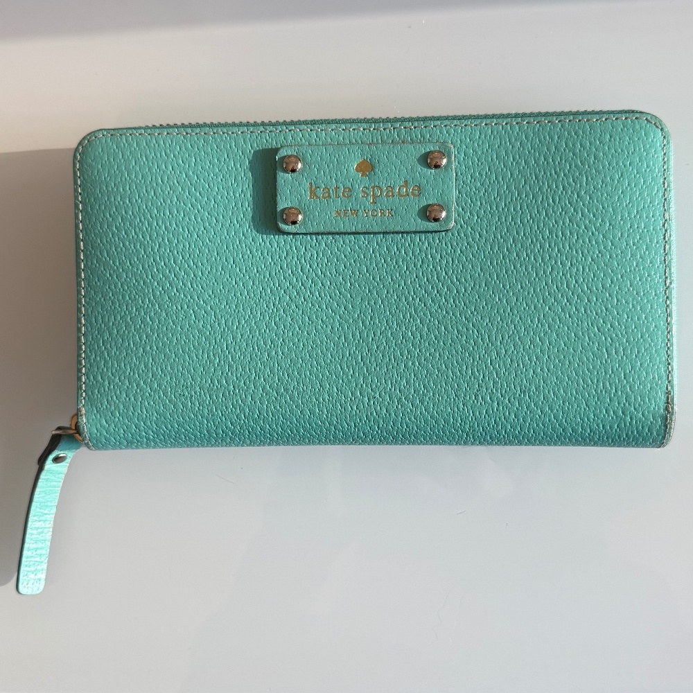 Kate Spade Aqua Lagoon Pebbled Leather Zip Around Wallet - Gold Hardware